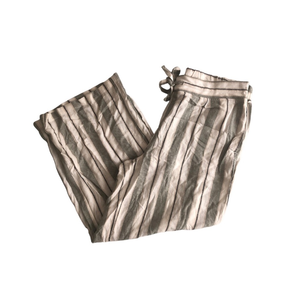 Per Se Striped Drawstring Linen Cropped Pants